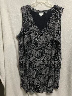 V-Neck navy blue  & White Sailboat Print Sleeveless knit Dress